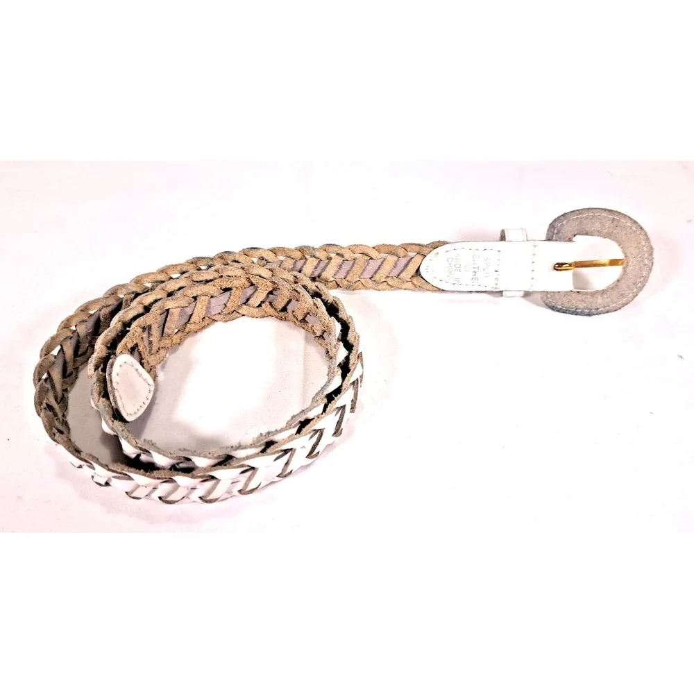 Unbranded White Braided Split‎ Leather Belt Gold Tone Buckle Woven Narrow Boho
